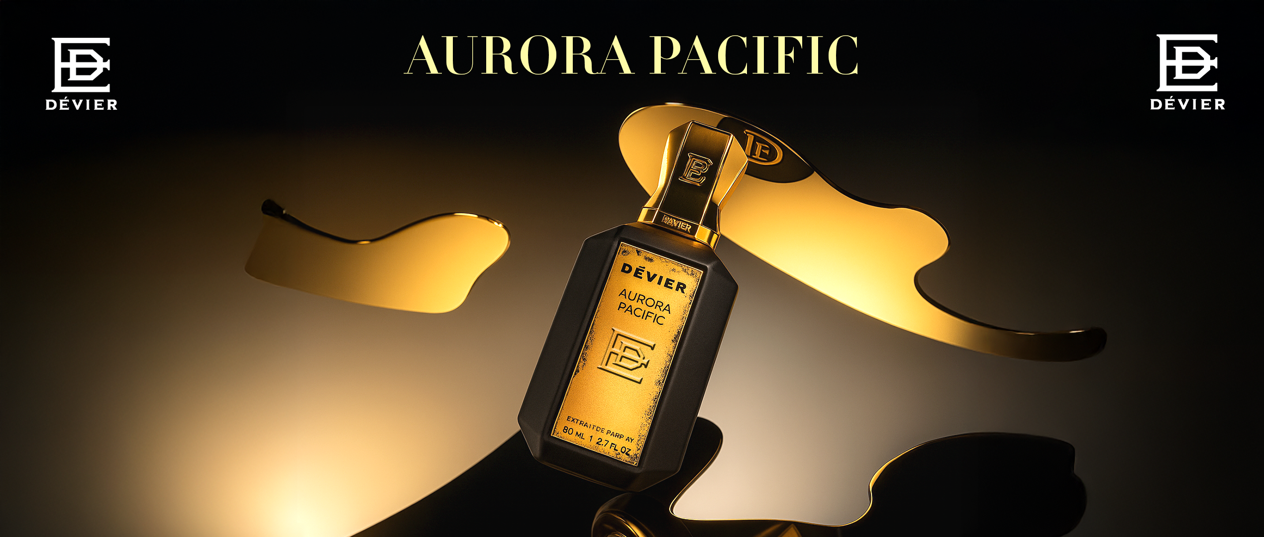A luxurious black and gold Dévier “Aurora Pacific” bottle glows under warm, golden light with elegant reflections — exuding sophistication, power, and refined modern allure.