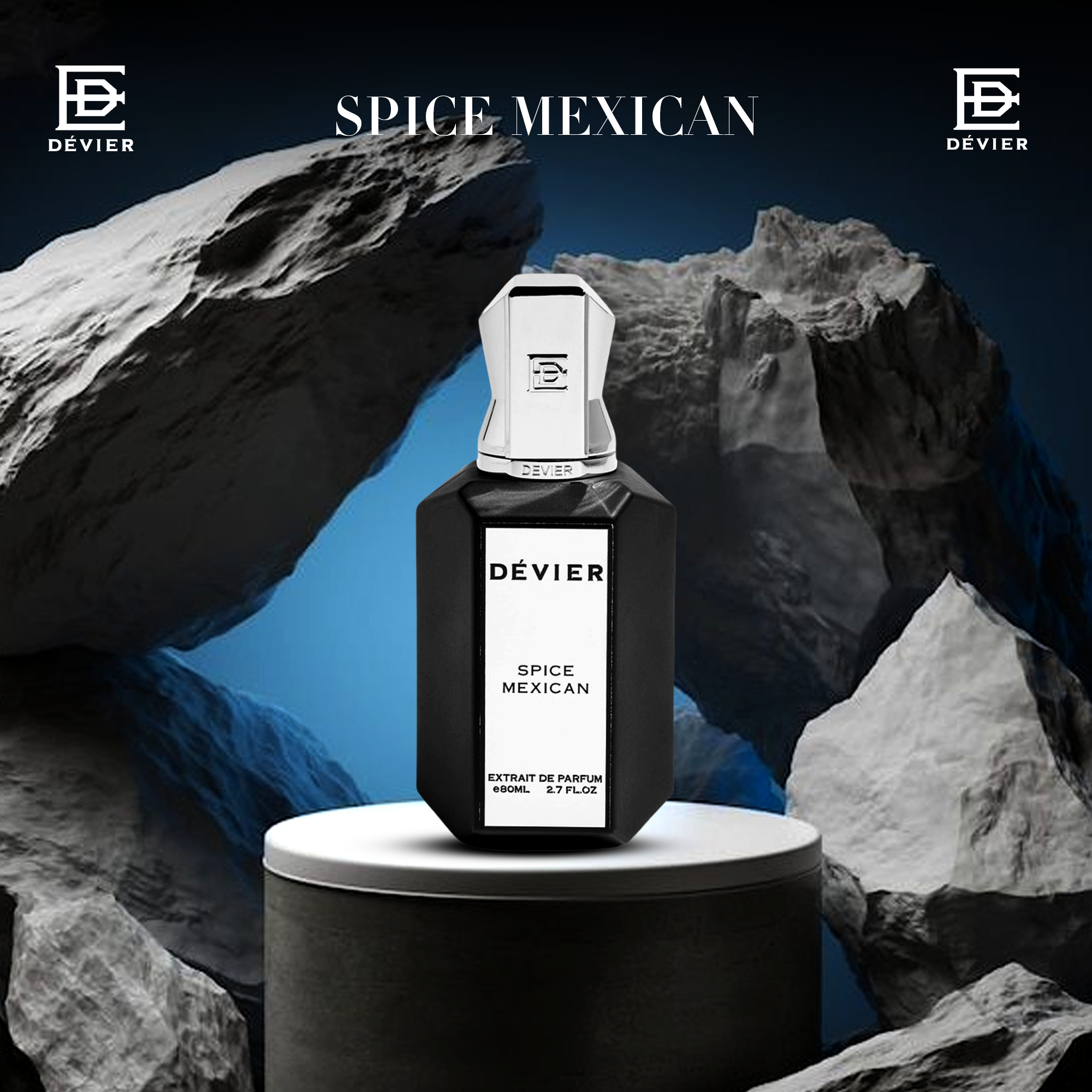 A sleek black bottle of Dévier “Spice Mexican” stands boldly among rugged rock formations — evoking strength, depth, and a spicy, adventurous allure.