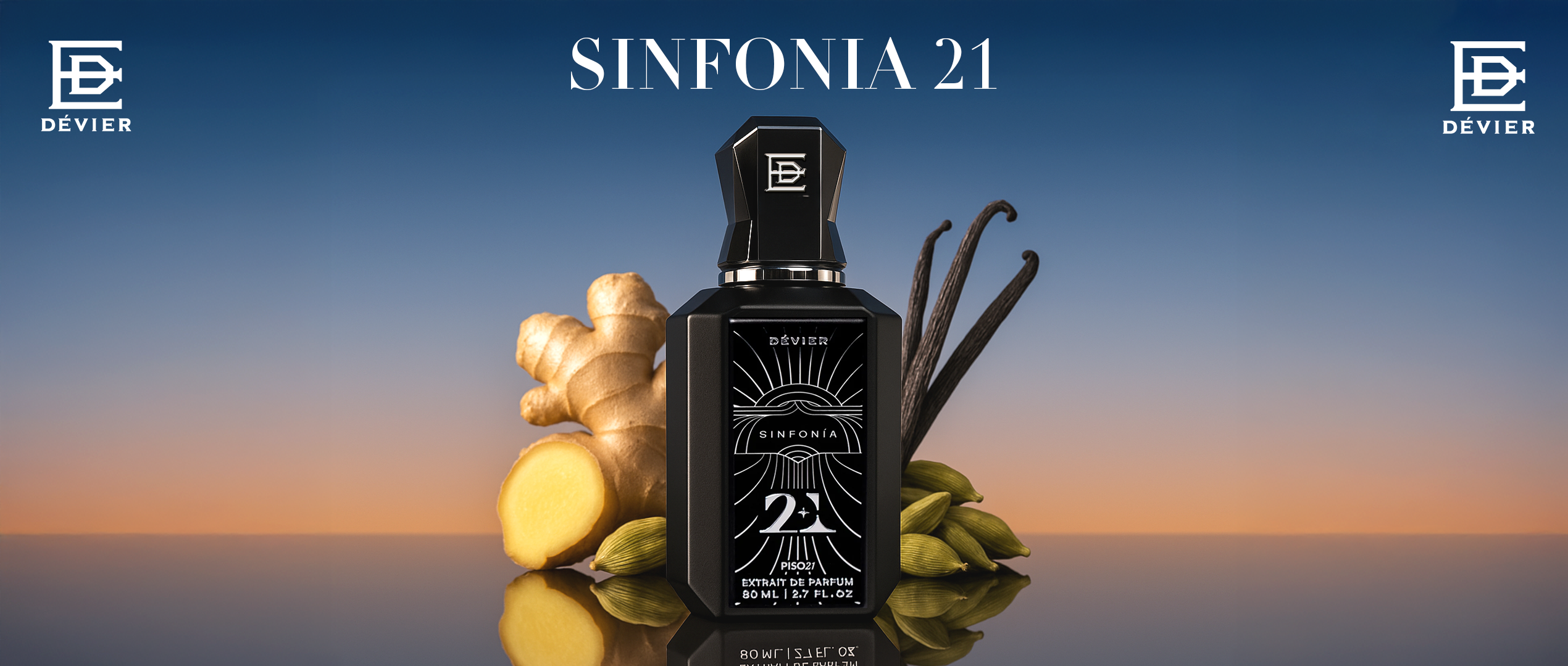 A sleek black bottle of Dévier “Sinfonia 21” stands against a warm sunset backdrop, surrounded by ginger, vanilla, and cardamom — blending elegance with spicy sophistication.